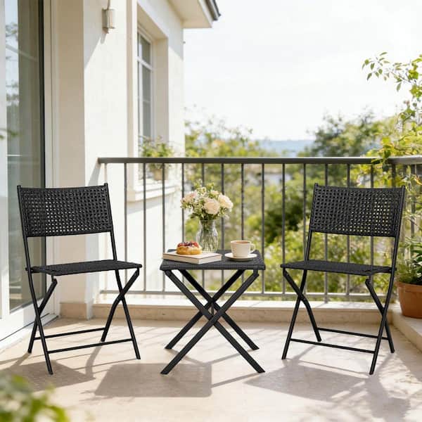 Black 3-Piece Metal Outdoor Bistro Set Foldable Patio Dining Sets Premium Steel Patio Square Table and Chairs Set XS191-61BA