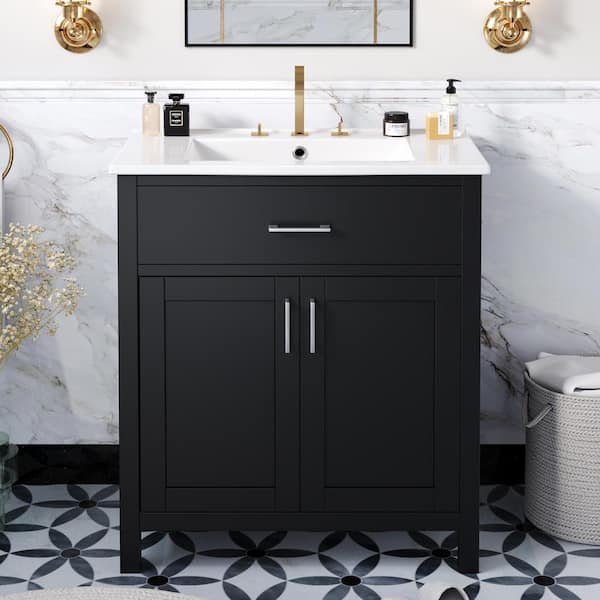 30 in. W Freestanding Bath Vanity in Black with White Ceramic Top and Sink, 2 Doors