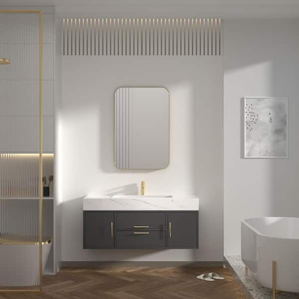 22 in. W x 30 in. H Medium Modern Rectangle Stainless Steel Framed Bathroom Vainty Mirror Brushed Gold