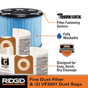 Wet/Dry Vac Filter Kit with Fine Dust Cartridge Filter and Two Dust Bags for Most 3 to 4.5 Gallon RIDGID Shop Vacuums