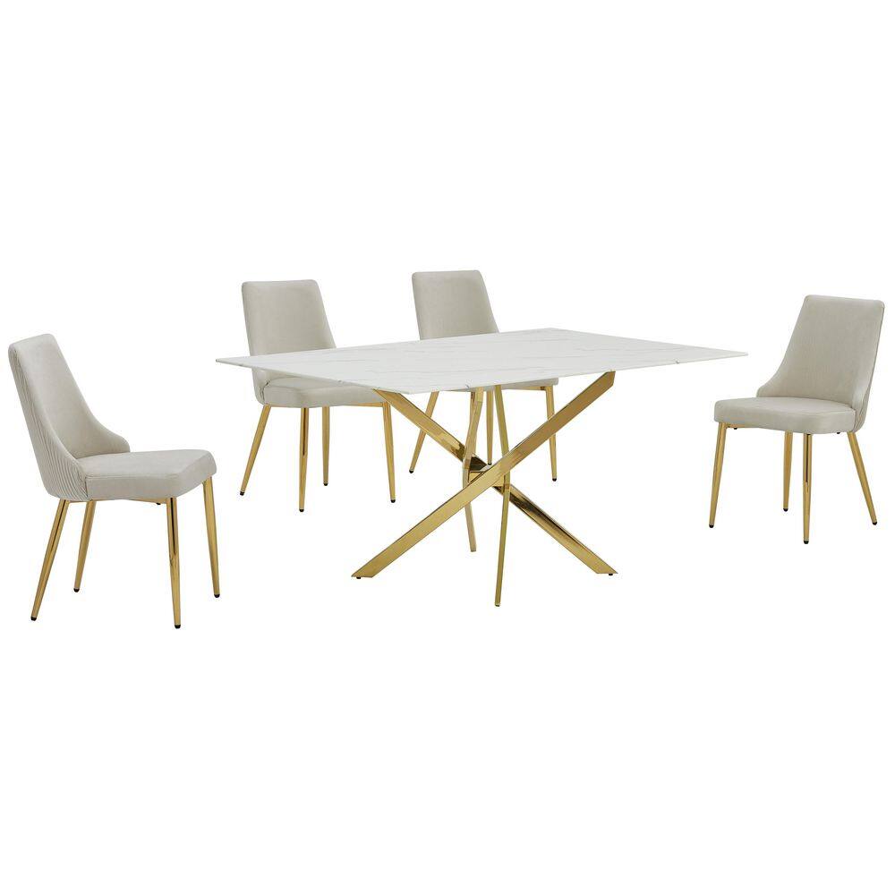 Esteban 5-Piece Marble Wrap Glass Top Cross Leg Base Dining Set with 4 Cream Gold Chrome Chairs price history on PriceWatchPro