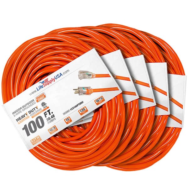 LifeSupplyUSA 100 ft. 12-Gauge/3 Conductors SJTW Indoor/Outdoor Extension Cord with Lighted End Orange (5-Pack)