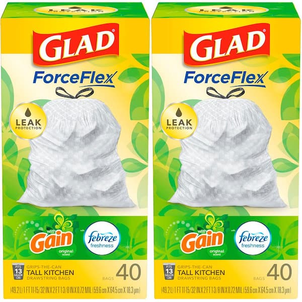Glad ForceFlex 13 Gal. Tall Kitchen Drawstring Gain Original with Febreze Freshness Trash Bags (40-Count, 2-Pack)