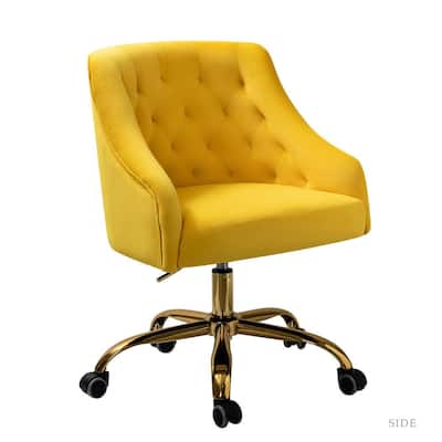 Clarisa Yellow Velvet Tufted Swivel Office Task Chair with Golden Base