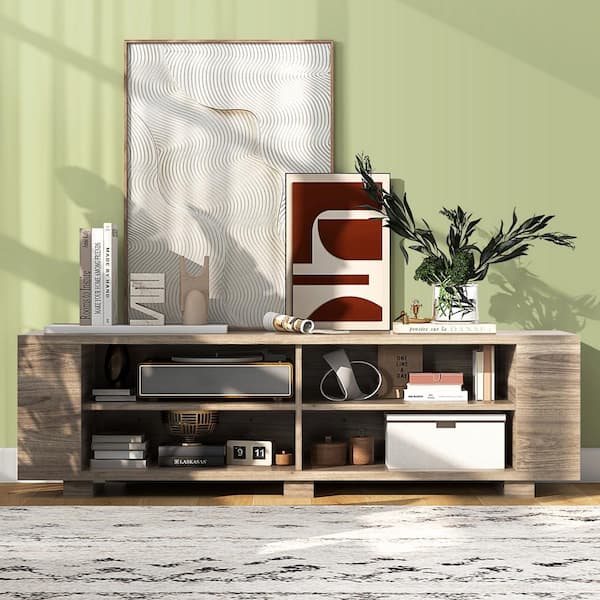 Gray Wood TV Stand with 8-Open Shelves Fits TVs up to 65 in. Flat Screen