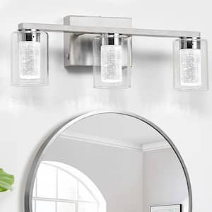 3-Light Brushed Nickel Integrated LED Bathroom Vanity Light Dimmable White/Neutral/Warm Light with Clear Glass Shade