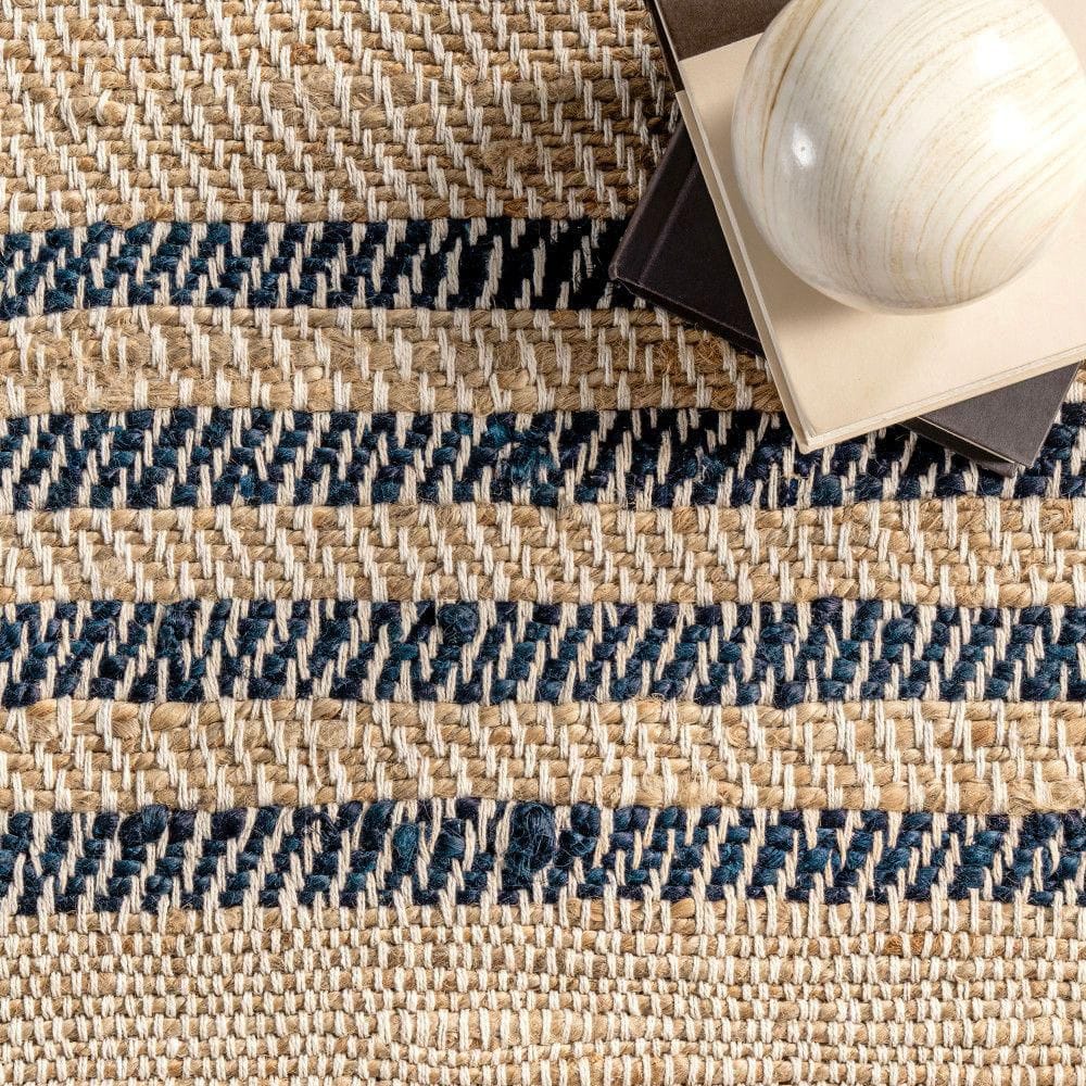 Natural Jute Flatwoven Runner Rug with Blue Stripes, 2' x 8'
