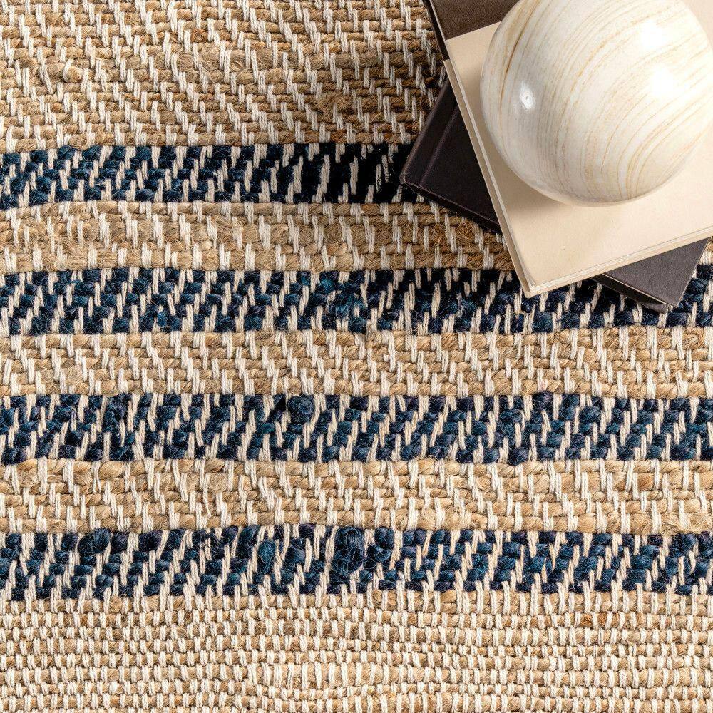 Natural Jute Flatwoven Area Rug with Blue Stripes, 5' x 8'