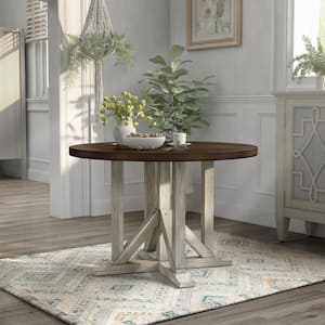 Bernavich 47 in. Round Dark Oak and Antique White Wood Dining Table