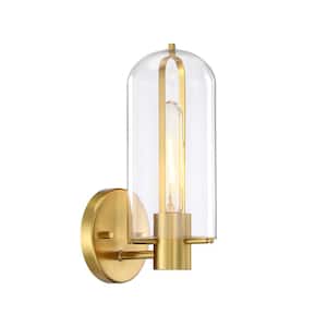 Skylar 5.25 in. 1-Light Brushed Gold Wall Sconce Light with Clear Glass Shade for Bathrooms