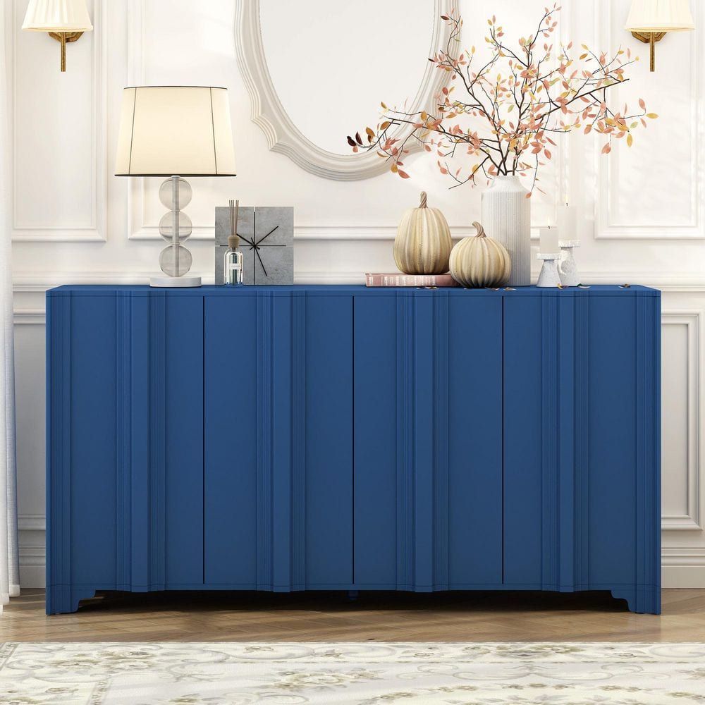 Blue Solid Wood 60 in. Large Sideboard Buffet Cabinet with 4-Door Adjustabl