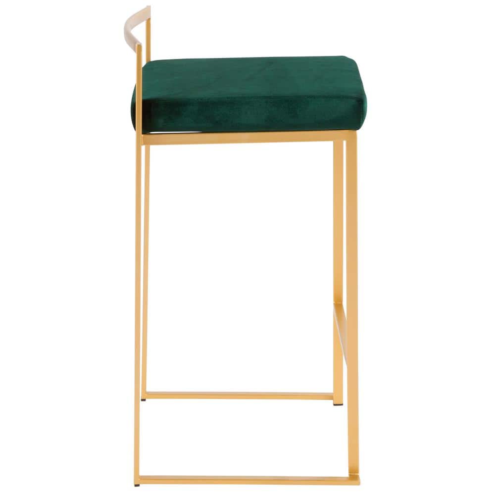 Fuji Glam Gold Frame with Green Velvet Cushion Counter Stool - Set of 2