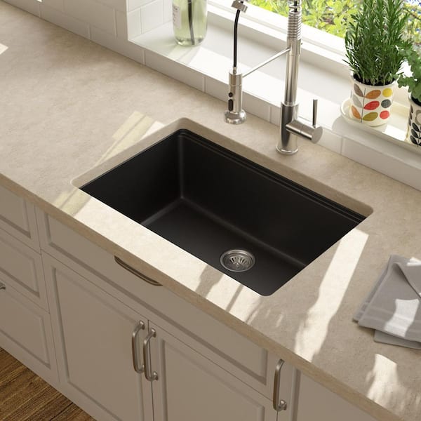 28 in. Quartz Matte Black UnderMount Single Bowl Workstation Kitchen Sink with Accessories
