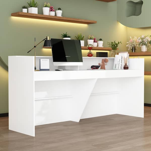 FUFU&GAGA 86.6 in. W White Wood Computer Desk, Reception Desk White Writing Desk, Eco-Friendly Paint Finish