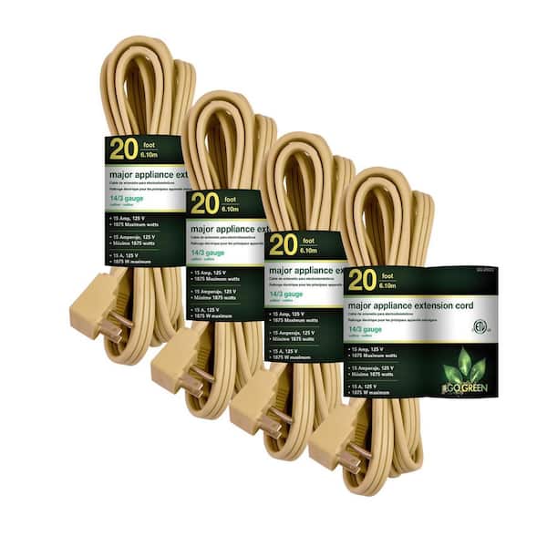 GoGreen Power (G-25620-4) 20 ft. 14/3 Indoor Appliance Extension Cord, Beige, 4 PACK