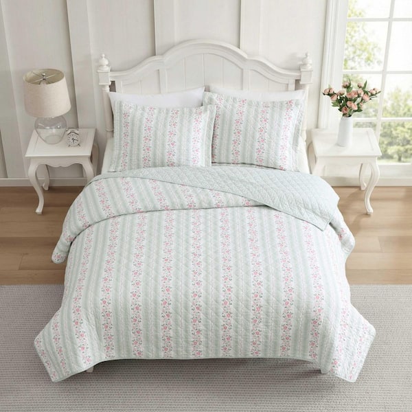 Laura Ashley Rosebud Stripe 2-Piece White/Sage Green/Pink Cotton