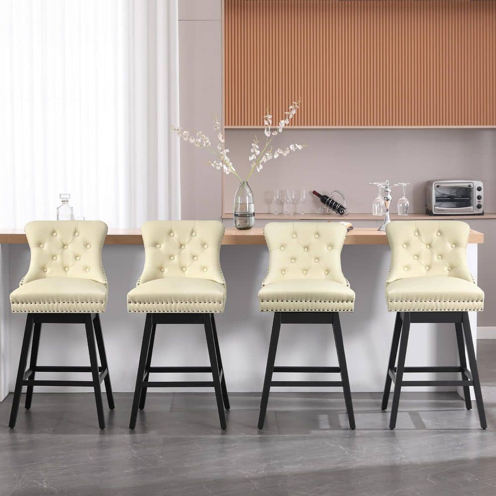 Beige Faux Leather Upholstered Swivel Counter Height Stools with Black Wood Legs, Set of 4