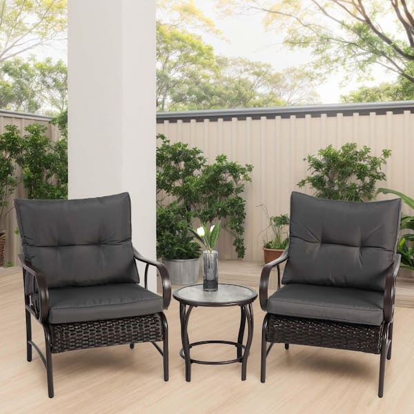 Sudzendf 3-Piece Wicker Outdoor Bistro Set with Gray Cushion and Coffee Table
