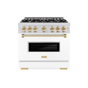 Classic 36 in. 6-Burner Gas Range with Gas Convection Oven in Stainless Steel, Matte White, and Polished Gold