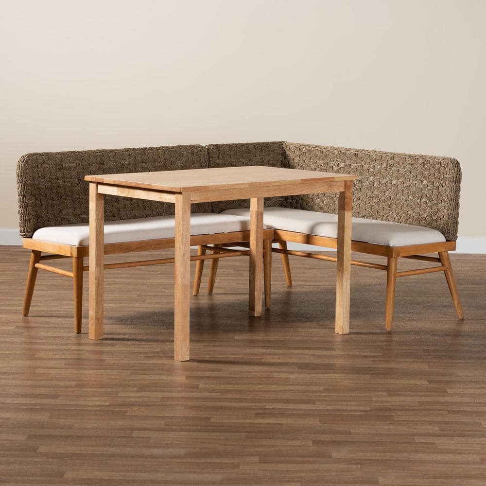 Denver Natural Seagrass and Acacia Wood 3-Piece Dining Nook Set