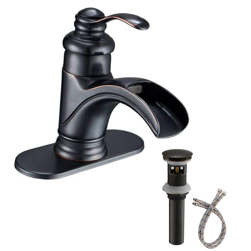 Single Handle Single Hole Bathroom Faucet with Pop-Up Drain Waterfall Brass