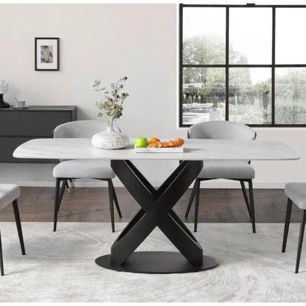 Italian Rock Slab Kitchen Table Black Carbon Steel Frame Six Seats Chair  Combination White Minimalist Rectangle Dining Furniture