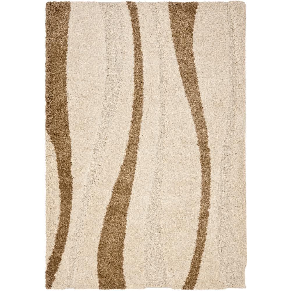 Cream and Dark Brown Rectangular Shag Rug, 4' x 6'
