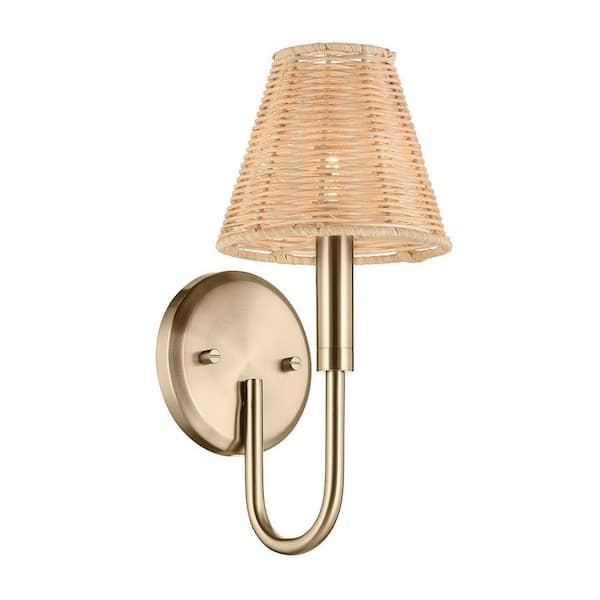 Bekah 6 in. 1-Light Champagne Bronze Boho Living Room Wall Sconce with Handwoven Rattan Shade