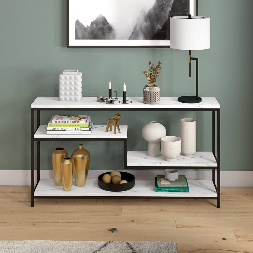 Mid-Century Glam 55" Blackened Bronze Console Table with Faux Marble Top