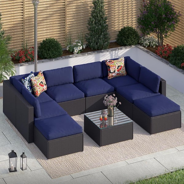 Dark Brown Rattan Wicker 8 Seat 9-Piece Steel Outdoor Patio Sectional Set with Blue Cushions, Ottomans and Coffee Table