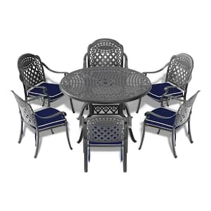 Isabella Black 7-Piece Cast Aluminum Outdoor Dining Set with Round Table and Dining Chairs with Random Color Cushion