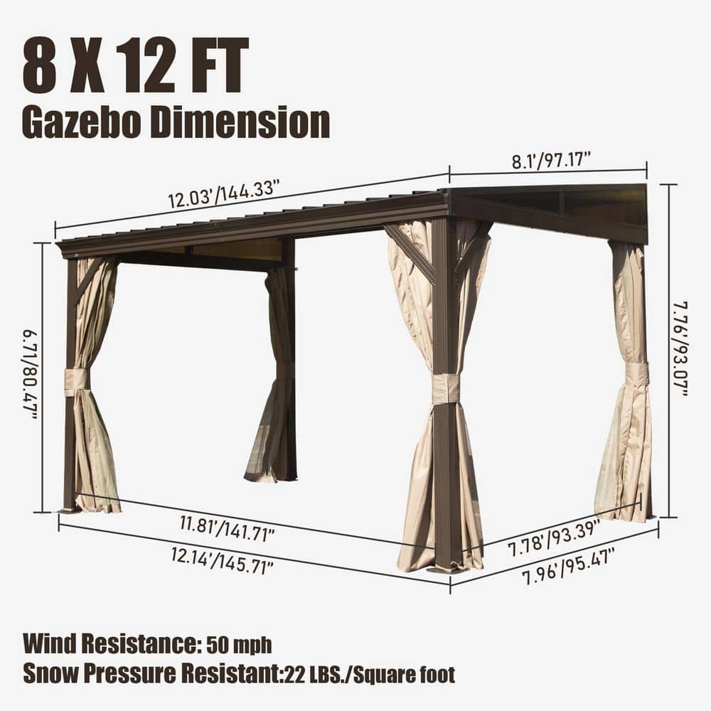 8' x 12' Brown Aluminum Wall-Mounted Patio Gazebo with Curtains