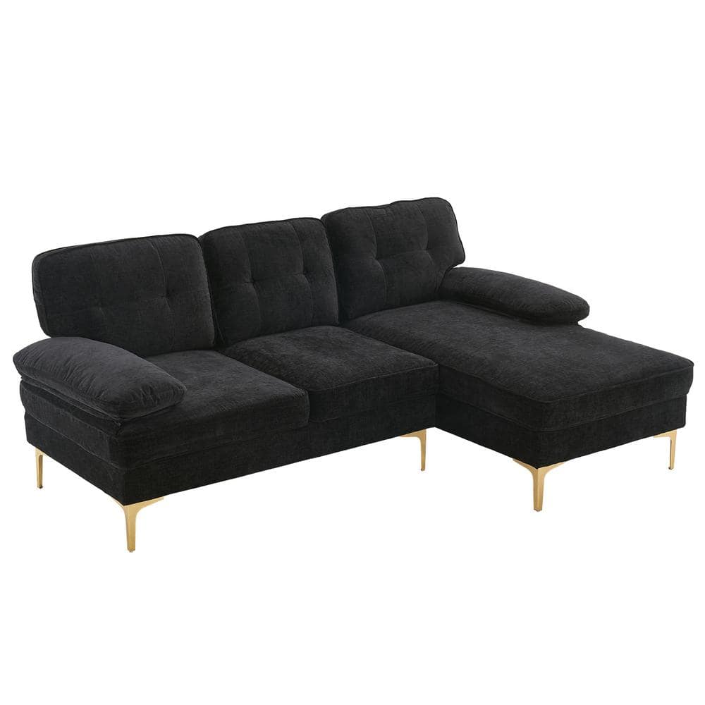 Outopee 83 in. Wide Square Arm Chenille MidCentury LShaped Sofa Black 3Seats 303031709790