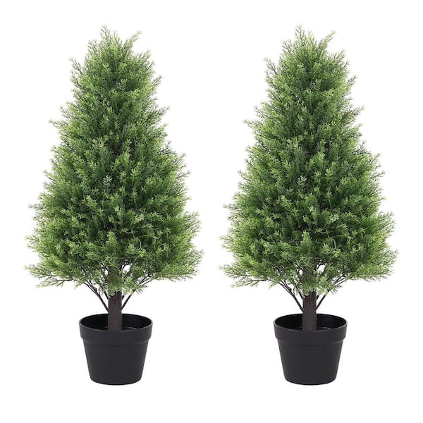 Zeus & Ruta 30 in. Artificial Topiary Tower Tree, Faux Grass Plants Set of 2