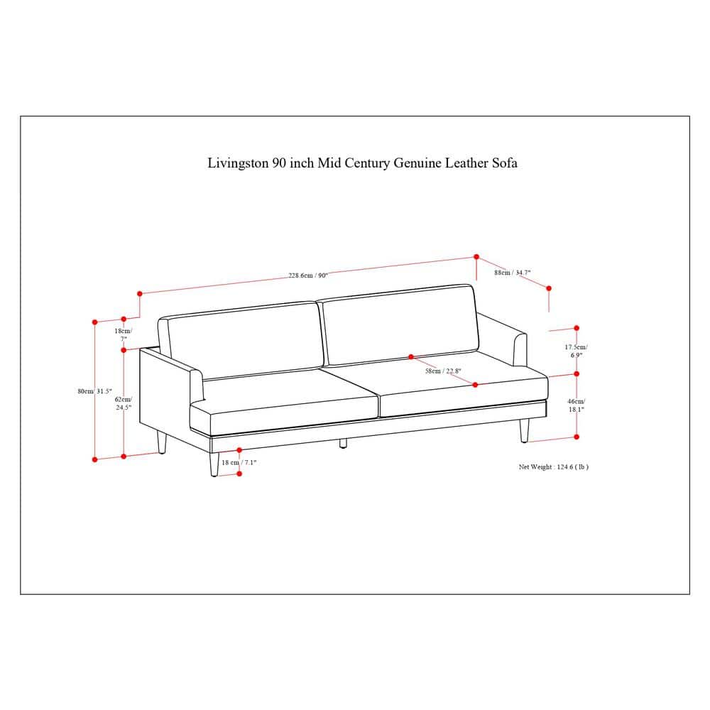 Livingston Sienna Leather 90-Inch Mid-Century Modern Sofa