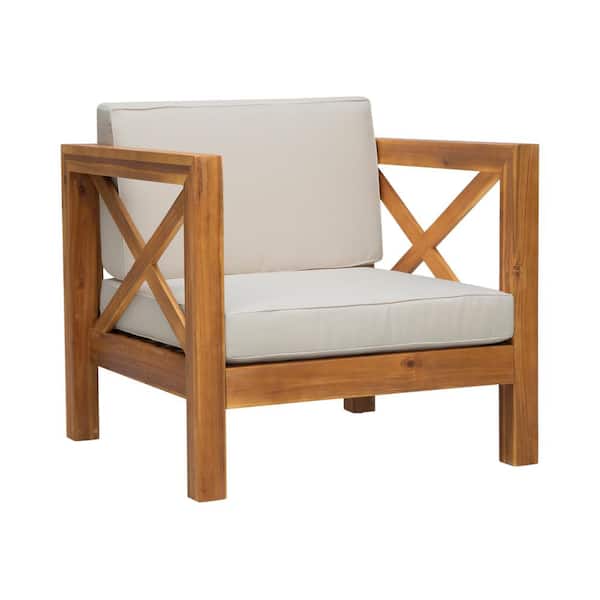 Misopily Teak Acacia Wood Outdoor Lounge Chair, Slatted Seating and Cross-Back Wooden Frame with Waterproof Fabric Cushion