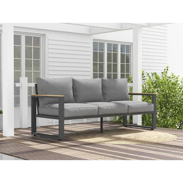 SUNVIVI Metal Outdoor Couch Patio 3 Seat Sofa with Gray Cushions
