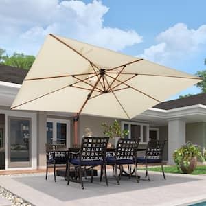 10 ft. x 13 ft. High-Quality Wood Pattern Aluminum Cantilever Polyester Patio Umbrella with Stand, Cream