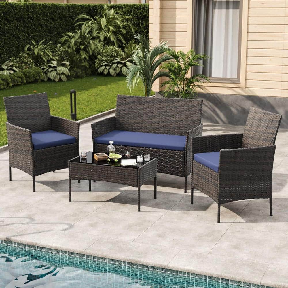 4-Piece Gray Wicker Patio Conversation Bistro Set Outdoor Sectional Sofa Set with Blue Cushions price history on PriceWatchPro