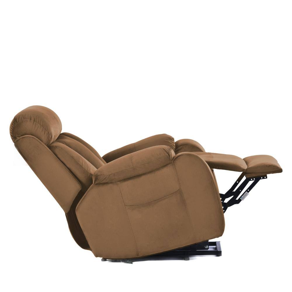 Brown power lift recliner chair from the side/back view.