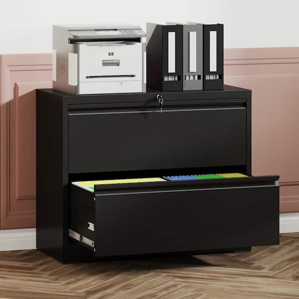 2-Drawer Black Metal 28.5 in. H x 35.43 in. W x 15.75 in. D Lateral File Cabinet Locked by Keys Lockable Storage Cabinet