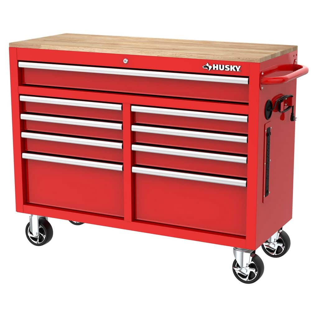 Husky 46 in. W x 18 in. D 9-Drawer Gloss Red Mobile Workbench Cabinet with Solid Wood Top -  H46X18MWC9RED