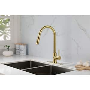 Single Handle Kitchen Faucet High Arc Gooseneck with Pull Down Sprayer in Brushed Gold