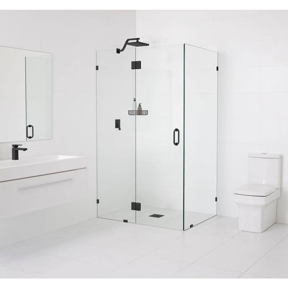 Matte Black Frameless Glass Hinged Shower Enclosure - 78" x 59.5"