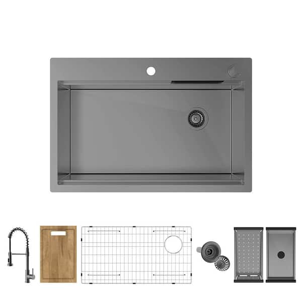 33 in. Drop-In Single Bowl 18-Gauge Gunmetal Stainless Steel Workstation Kitchen Sink w/ Waterfall & Spring Neck Faucet