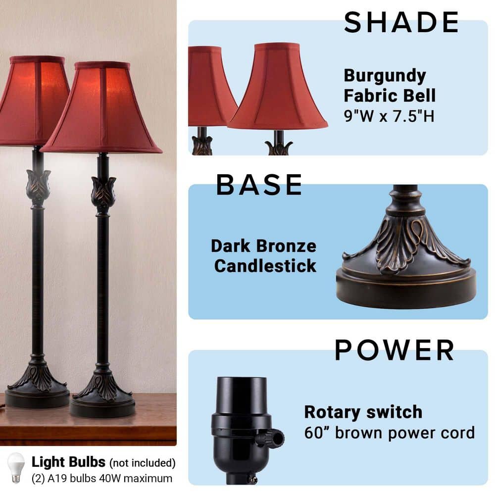 Bronze Buffet Table Lamp Set with Burgundy Fabric Shades