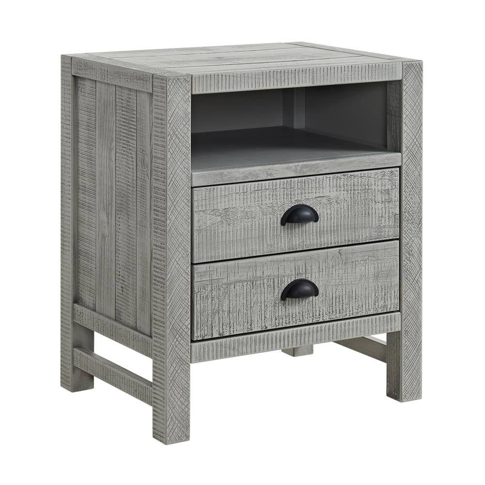 Arden Driftwood Gray 2-Drawer Pine Wood Nightstand with Open Shelf