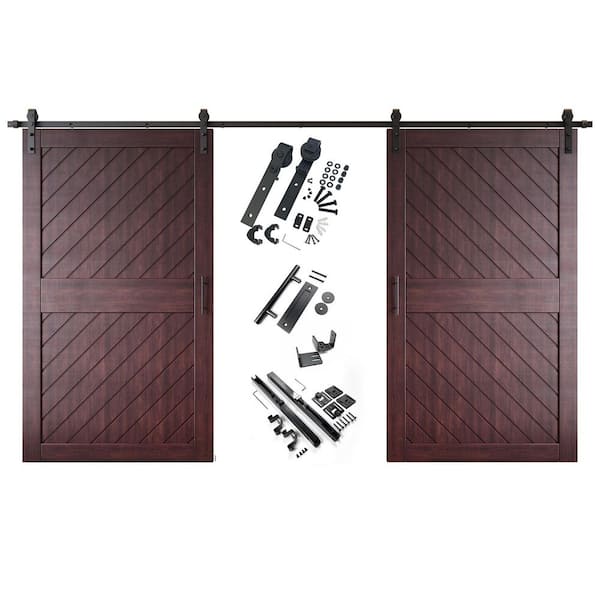 HOMACER XT1 48 in. x 84 in. C-Panel Red Mahogany Slanted Stripe Design Double Pine Wood Sliding Barn Door with Hardware Kit