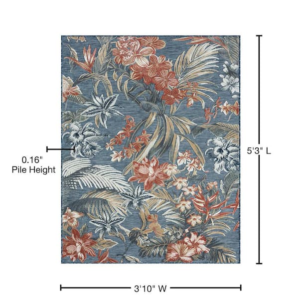 Tayse Rugs Tropic Floral Aqua 2 ft. x 3 ft. Indoor/Outdoor Area Rug, Blue