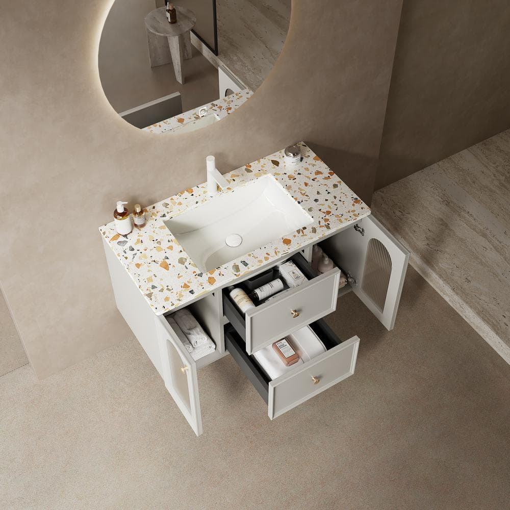 36 in. W Wall-Mounted Bath Vanity in Grayish with Matte White Engineered St